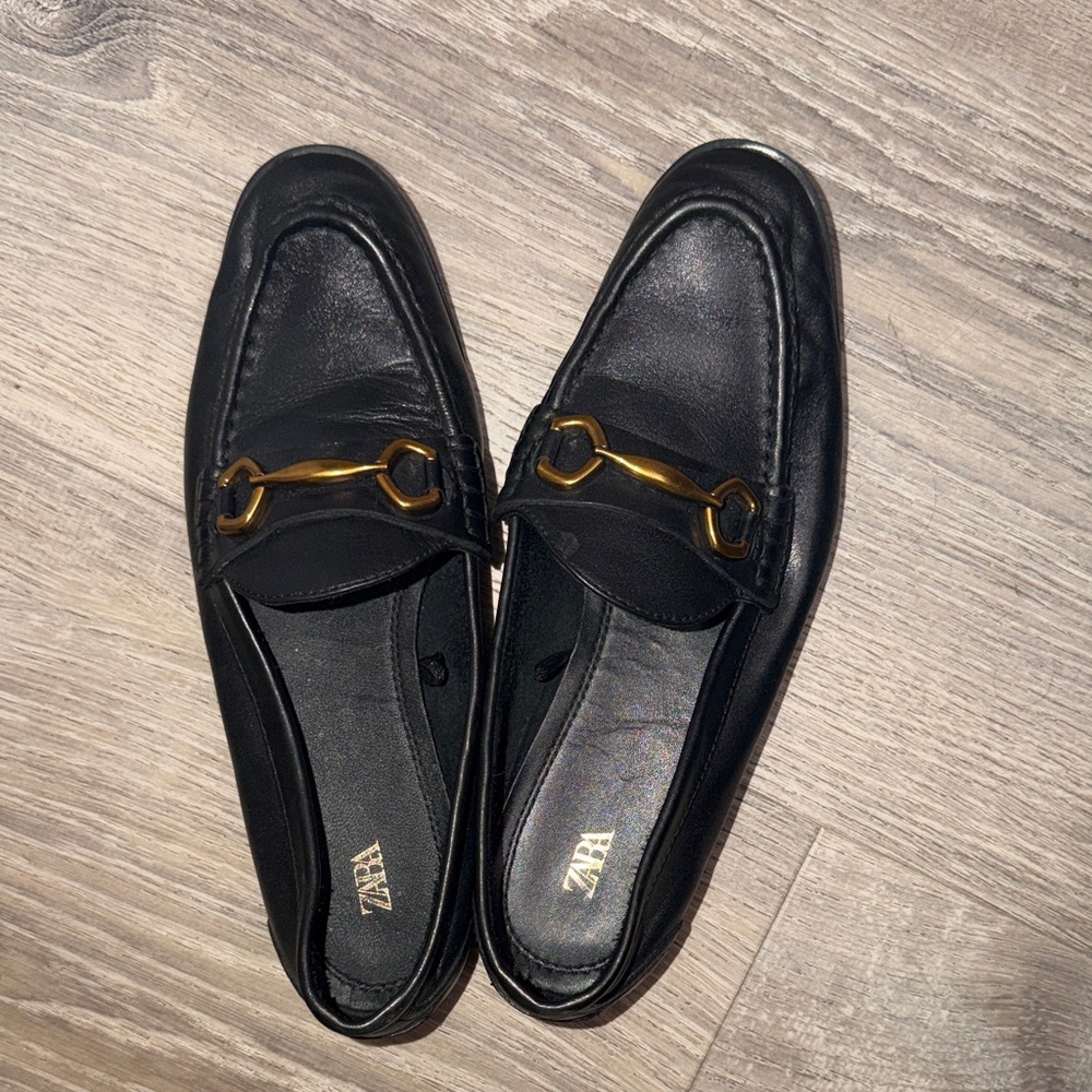 Zara Black Leather Loafers with Gold Accent